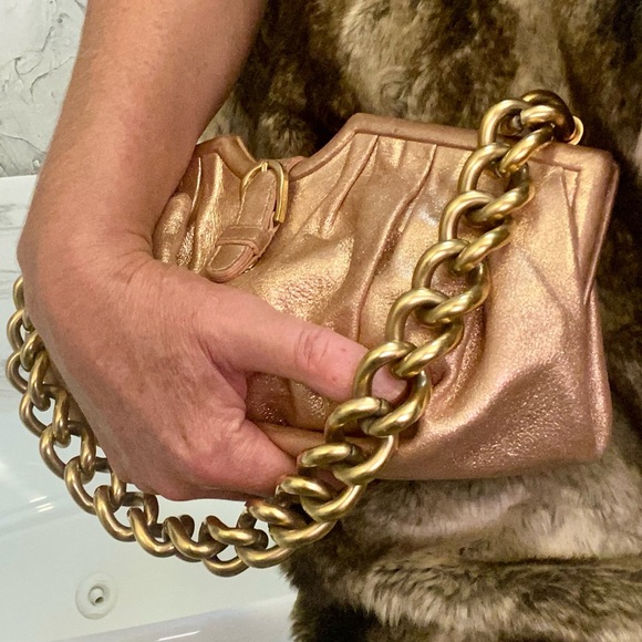 JIMMY CHOO Vintage Y2K Ballet Pink Metallic Suede/Leather Evening Bag Gold Strap - Picture 16 of 16